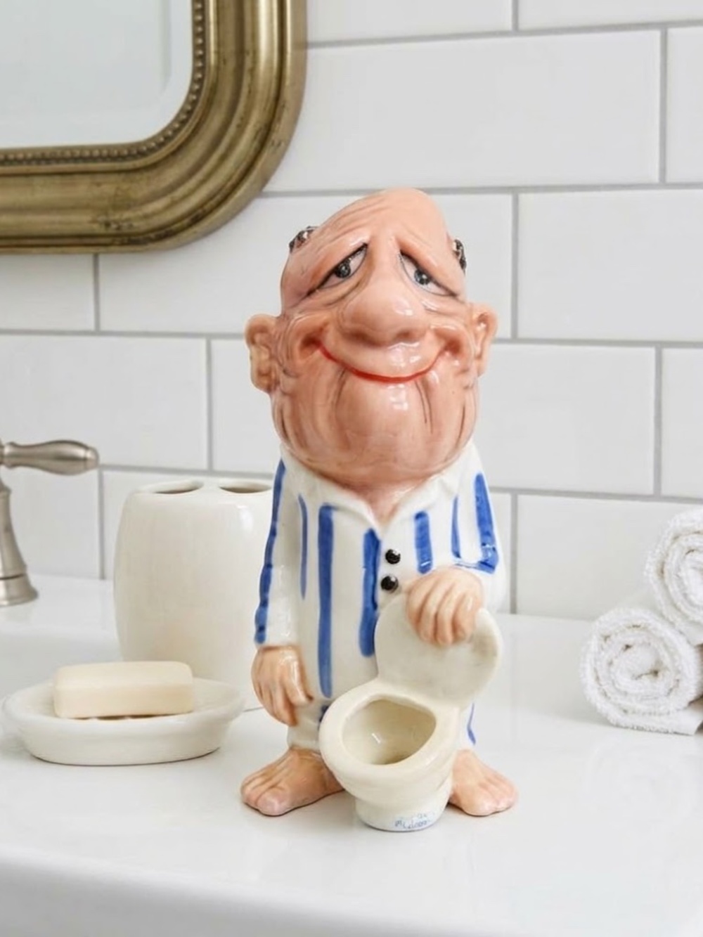 RARE Vintage Japan  Ceramic Striped Outfit holding Toilet